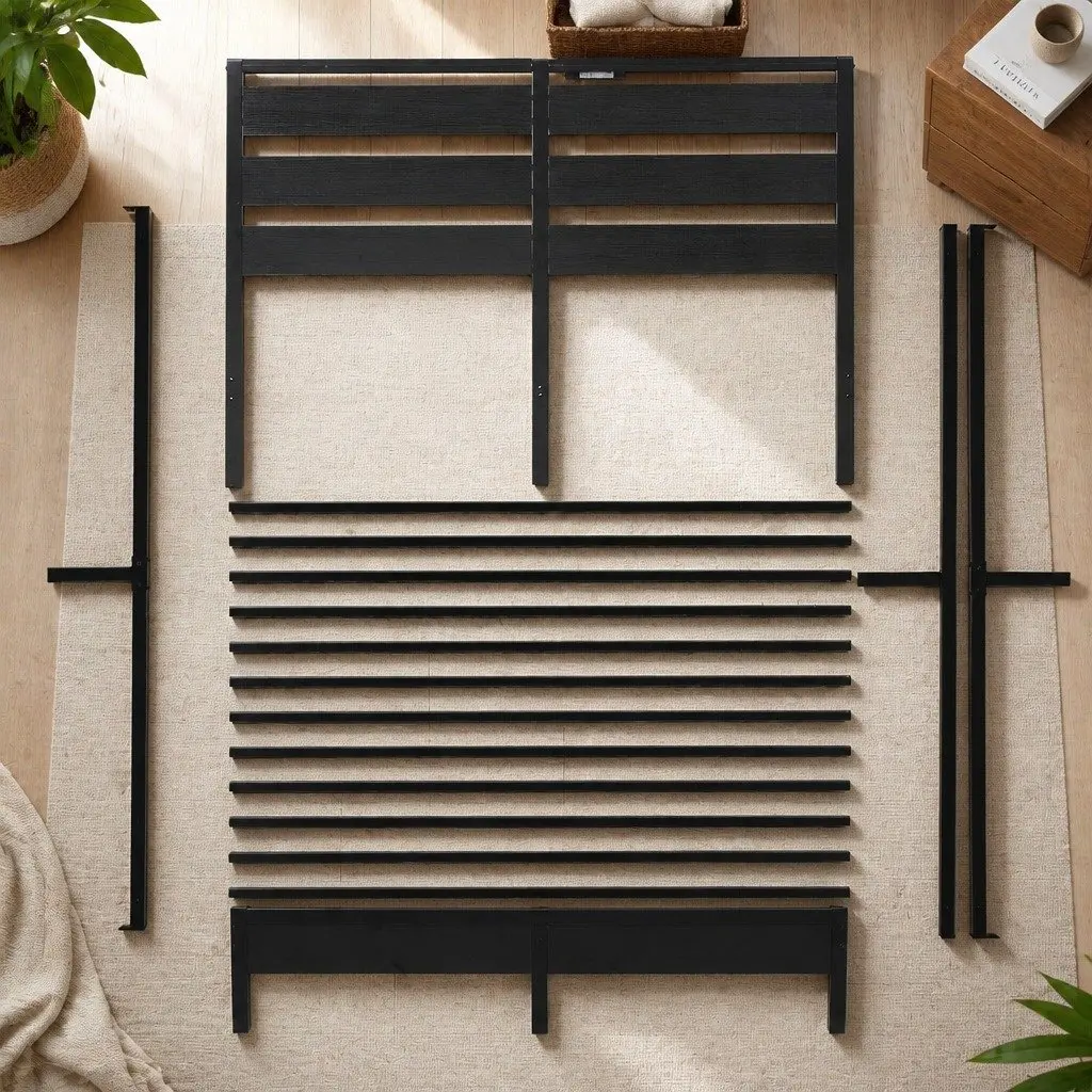 Black Metal Double Bed Frame with LED Lights and Storage