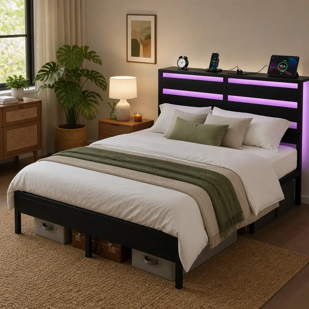 Queen Size Metal Bed Frame with LED Lighting and Storage