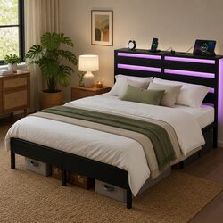 Queen Size Metal Bed Frame with LED Lighting and Storage