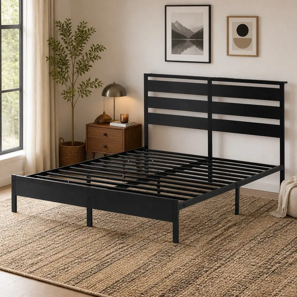 Queen Size Metal Bed Frame with LED Lighting and Storage