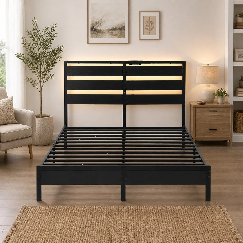 Queen Size Metal Bed Frame with LED Lighting and Storage