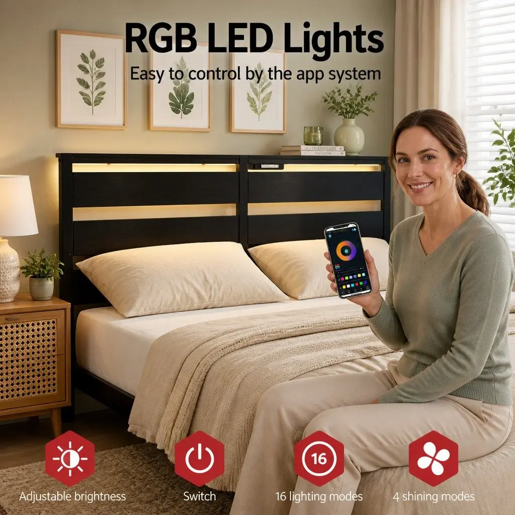Queen Size Metal Bed Frame with LED Lighting and Storage