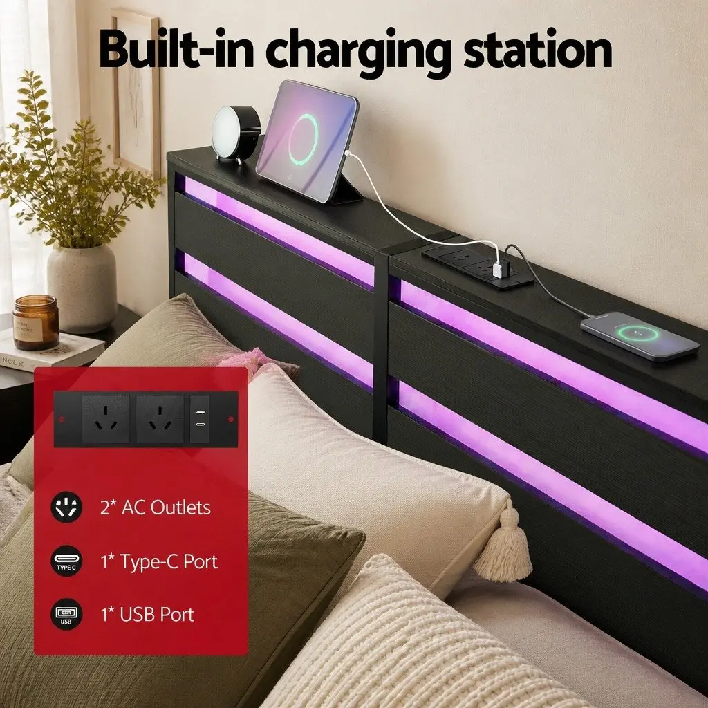 Queen Size Metal Bed Frame with LED Lighting and Storage