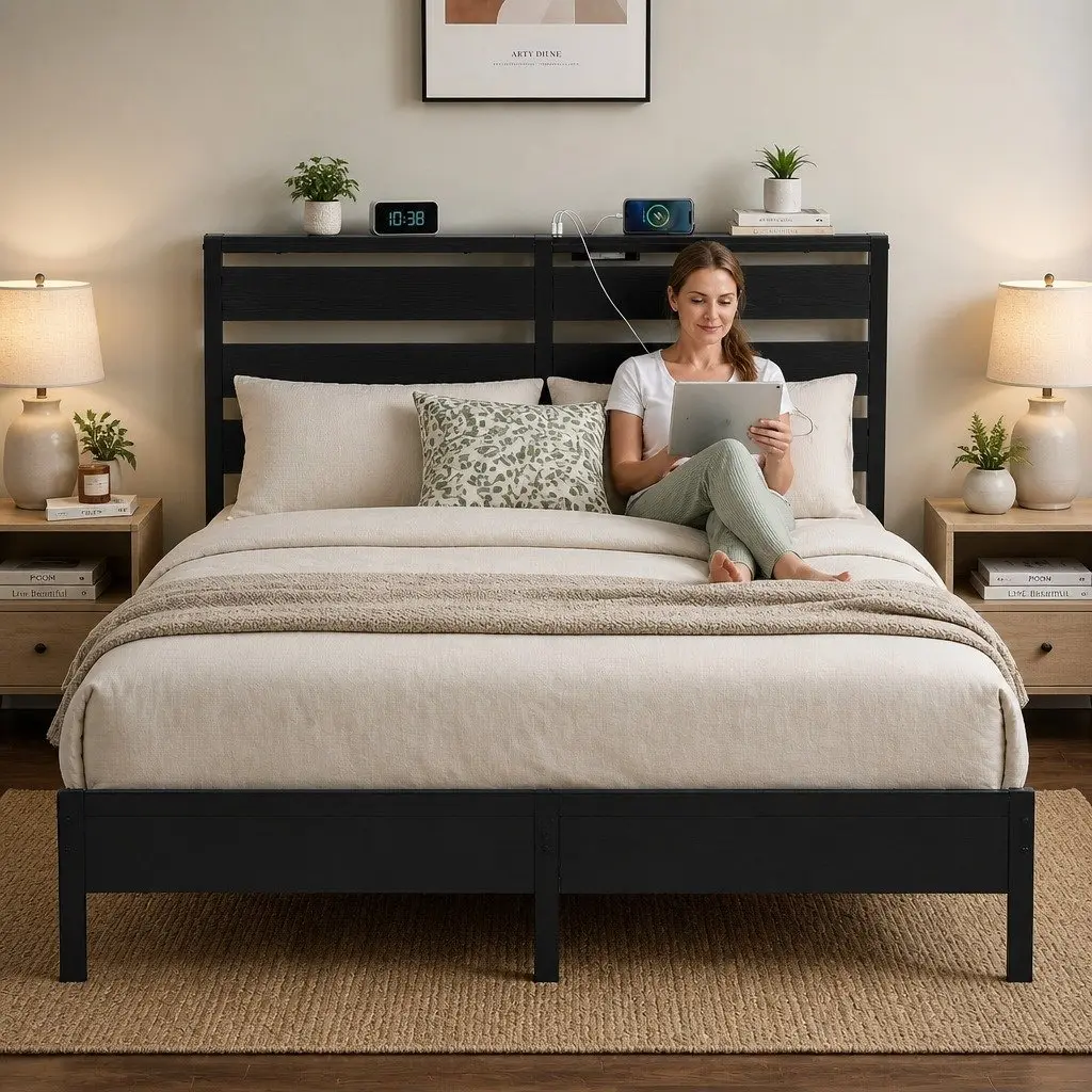 Queen Size Metal Bed Frame with LED Lighting and Storage