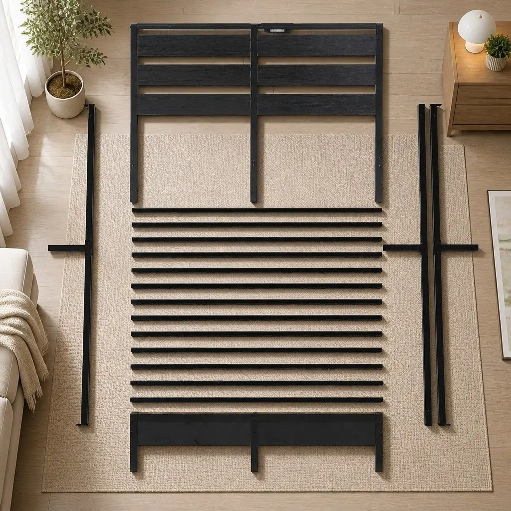 Queen Size Metal Bed Frame with LED Lighting and Storage