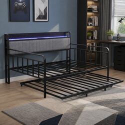 Stylish Double Bed Frame with Trundle and LED Lights