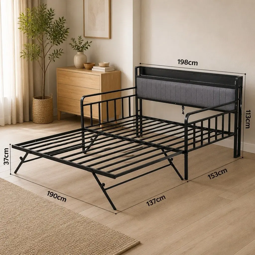 Double Bed Frame with Trundle Daybed LED Lights Charging Station Black