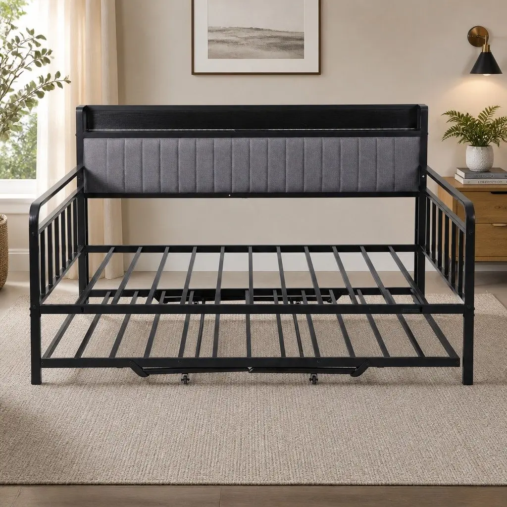 Double Bed Frame with Trundle Daybed LED Lights Charging Station Black