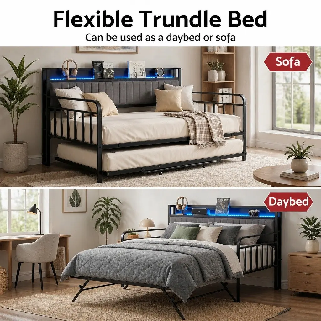 Double Bed Frame with Trundle Daybed LED Lights Charging Station Black