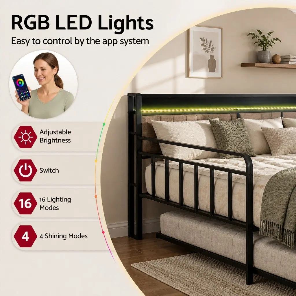 Double Bed Frame with Trundle Daybed LED Lights Charging Station Black