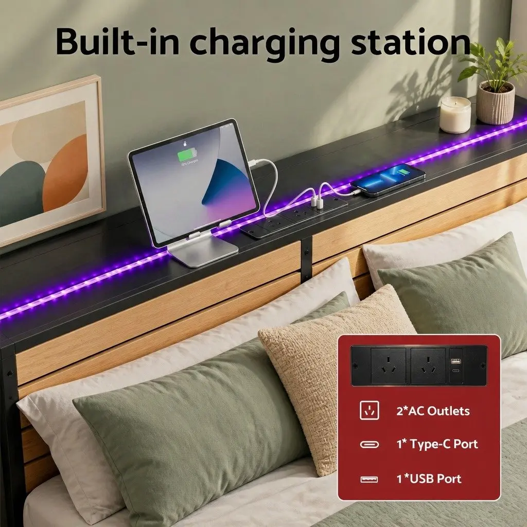 Double Bed Frame with Trundle Daybed LED Lights Charging Station Black