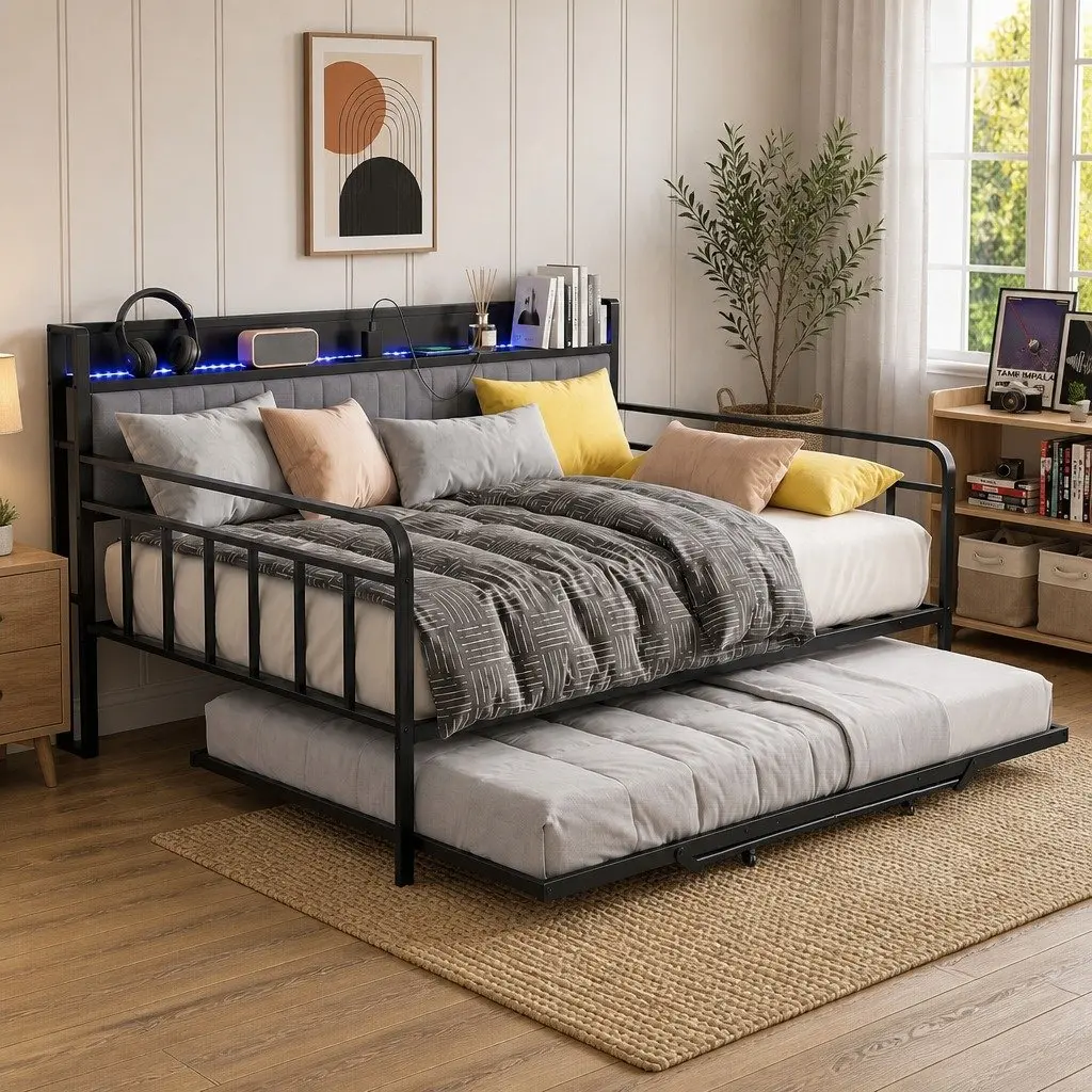 Double Bed Frame with Trundle Daybed LED Lights Charging Station Black