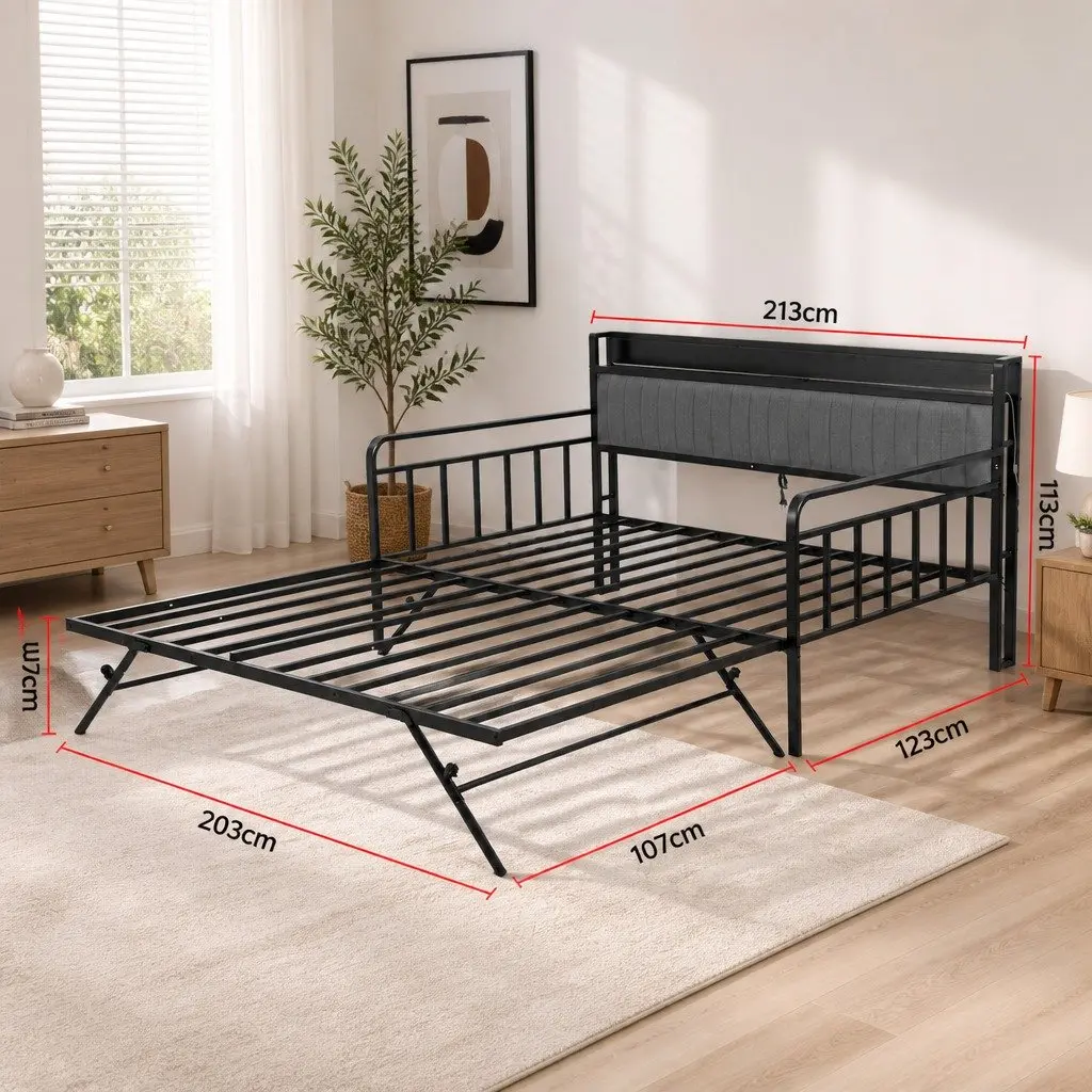 King Single Bed Frame with Trundle and LED Lights