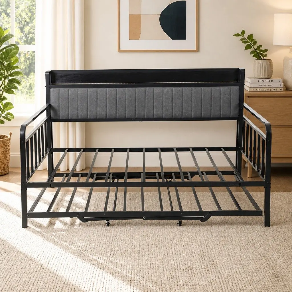 King Single Bed Frame with Trundle and LED Lights