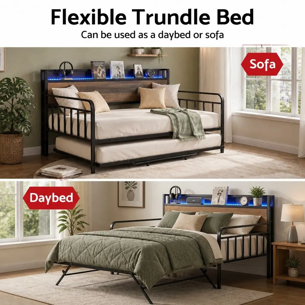 King Single Bed Frame with Trundle and LED Lights