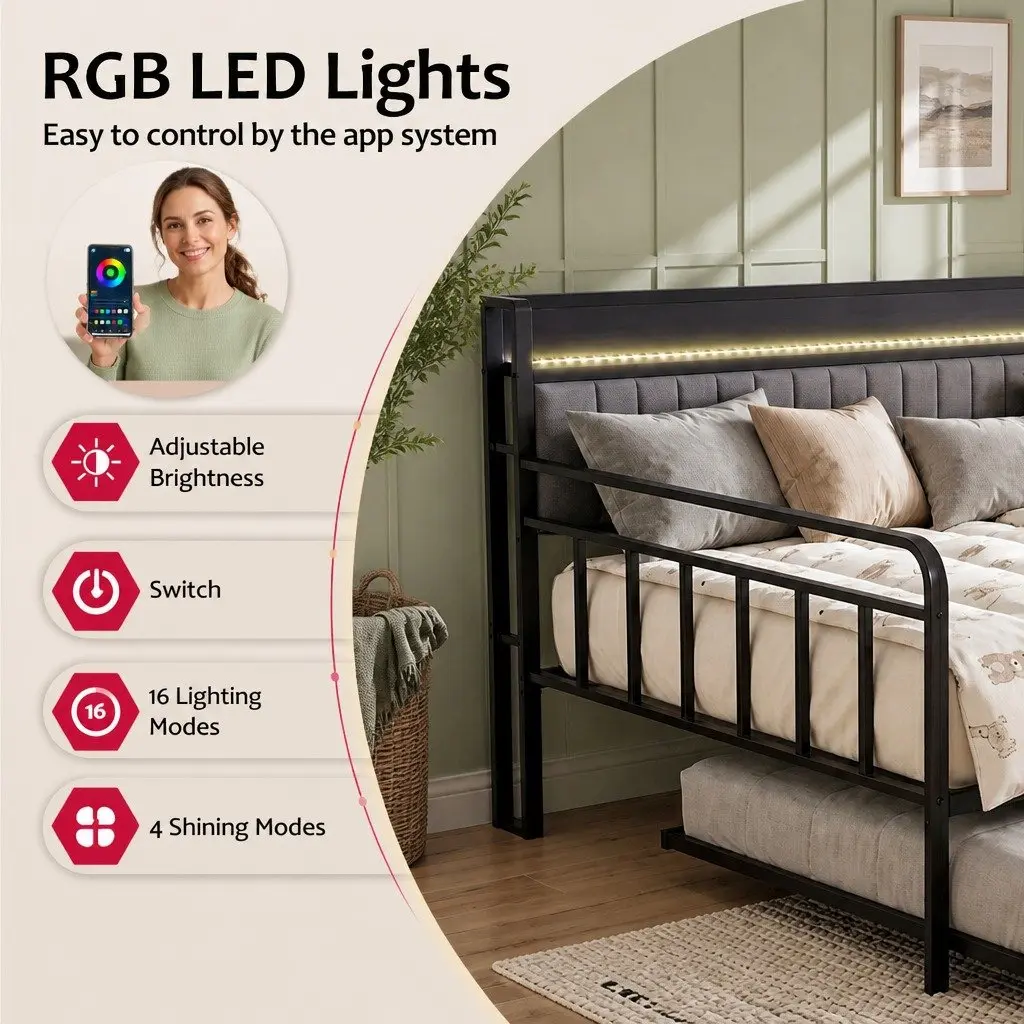 King Single Bed Frame with Trundle and LED Lights