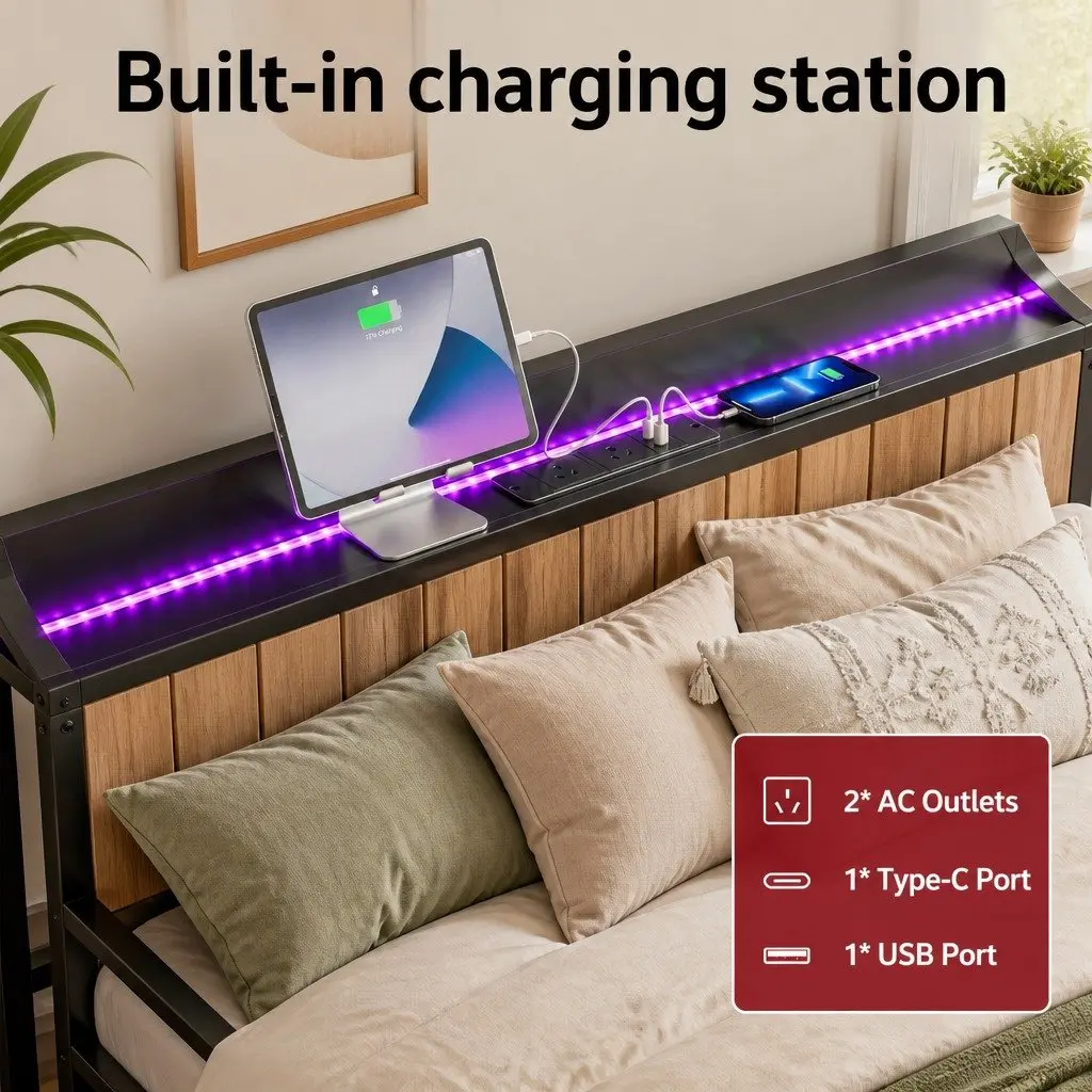 King Single Bed Frame with Trundle and LED Lights