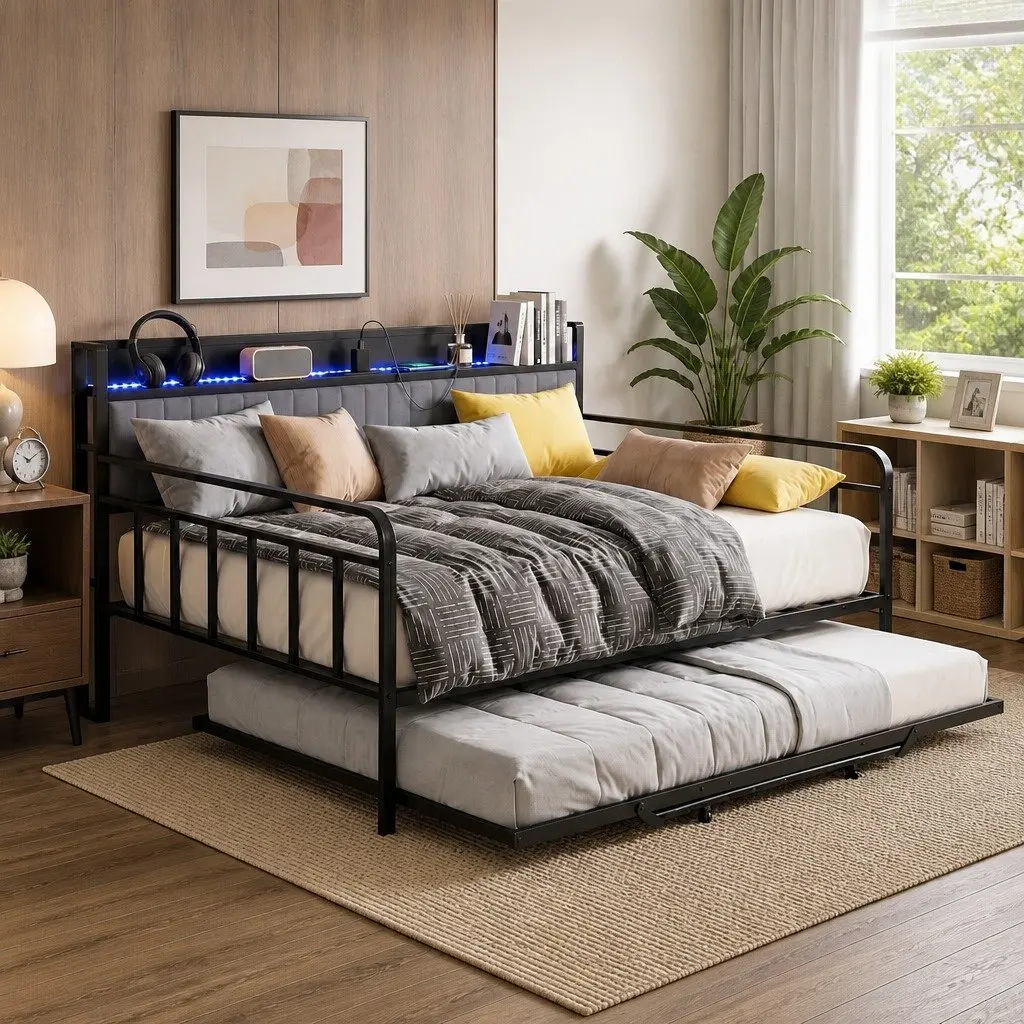 King Single Bed Frame with Trundle and LED Lights