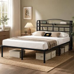 Double Bed Frame with Charging Station and Storage