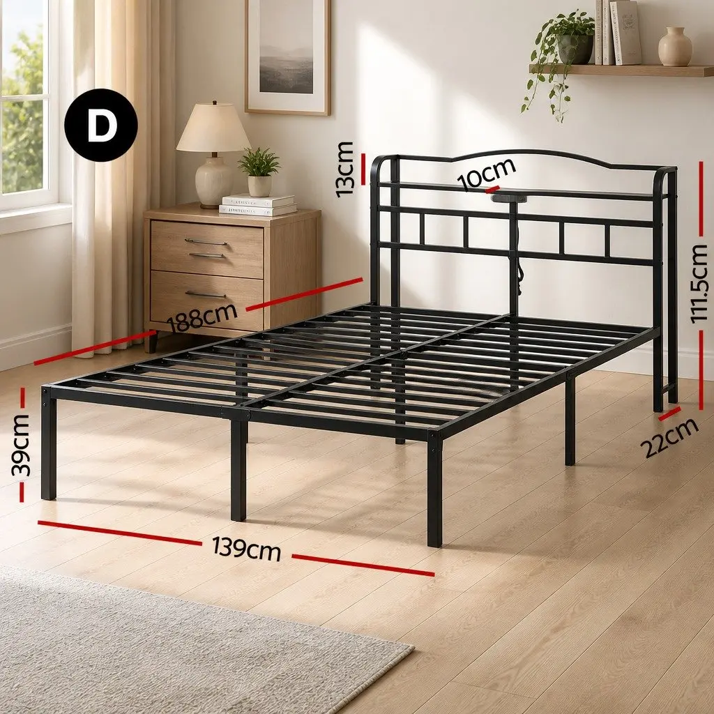 Double Bed Frame with Charging Station and Storage