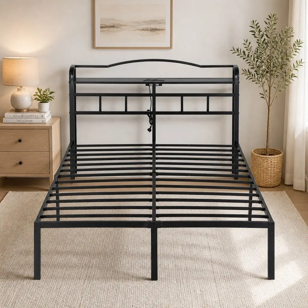 Double Bed Frame with Charging Station and Storage