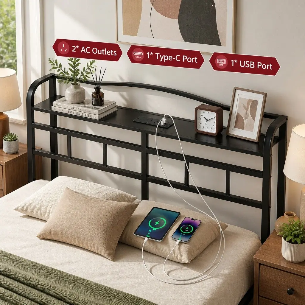 Double Bed Frame with Charging Station and Storage
