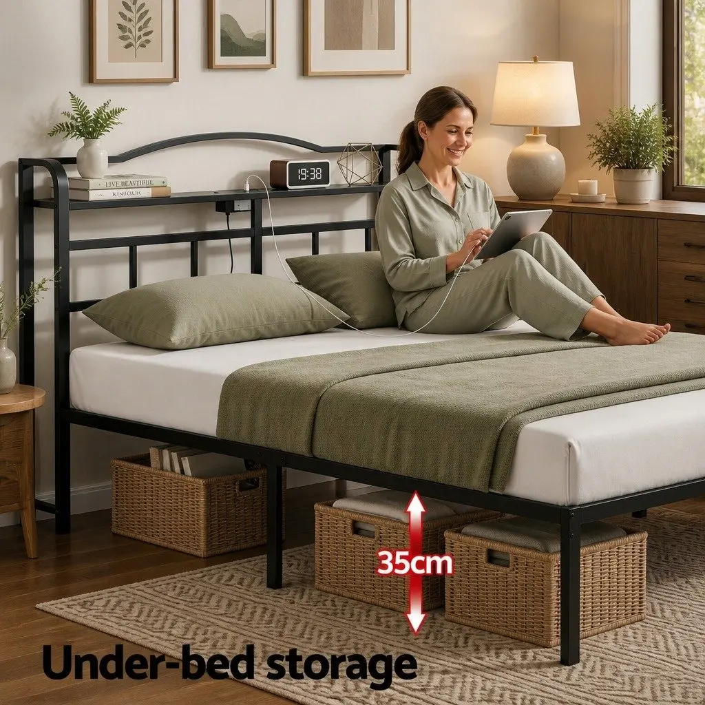 Double Bed Frame with Charging Station and Storage