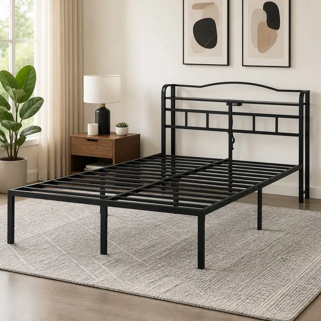 Double Bed Frame with Charging Station and Storage