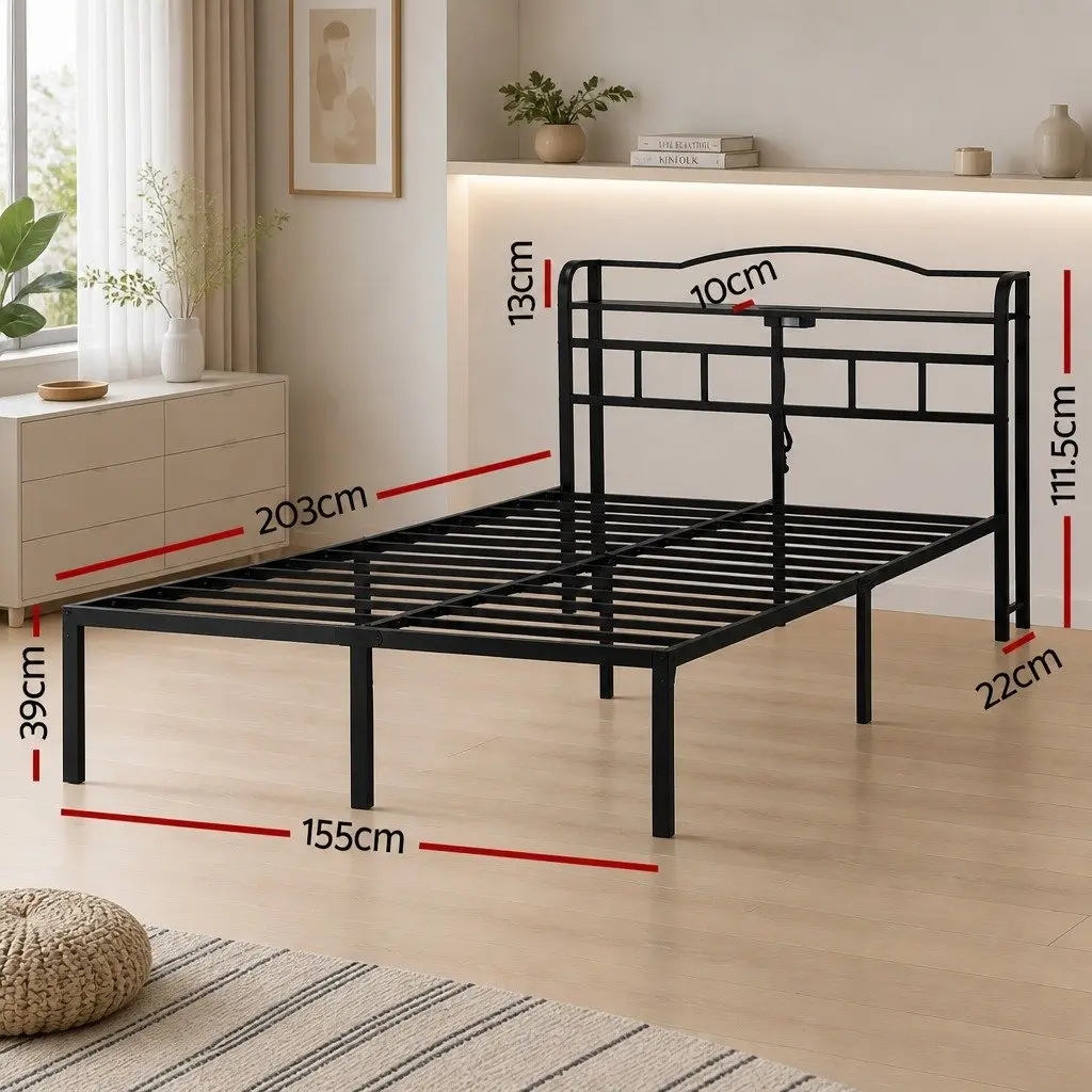 Queen Size Bed Frame with Integrated Charging Station AC Outlets USB Type-C