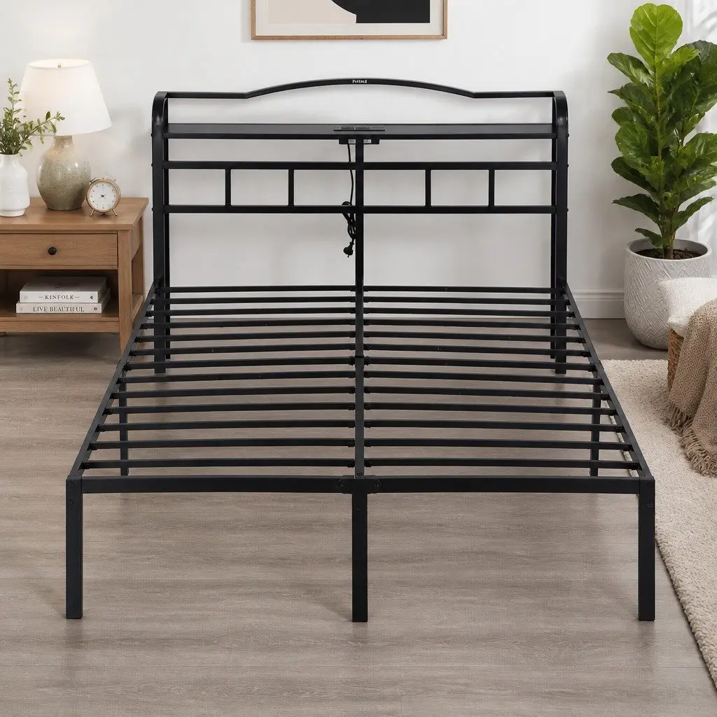 Queen Size Bed Frame with Integrated Charging Station AC Outlets USB Type-C