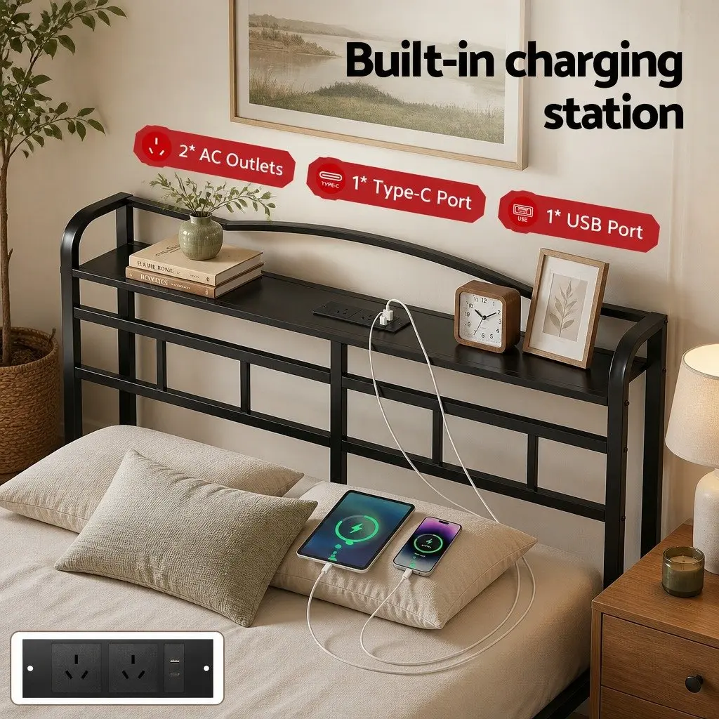 Queen Size Bed Frame with Integrated Charging Station AC Outlets USB Type-C