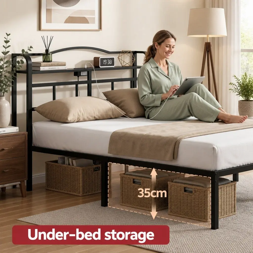 Queen Size Bed Frame with Integrated Charging Station AC Outlets USB Type-C