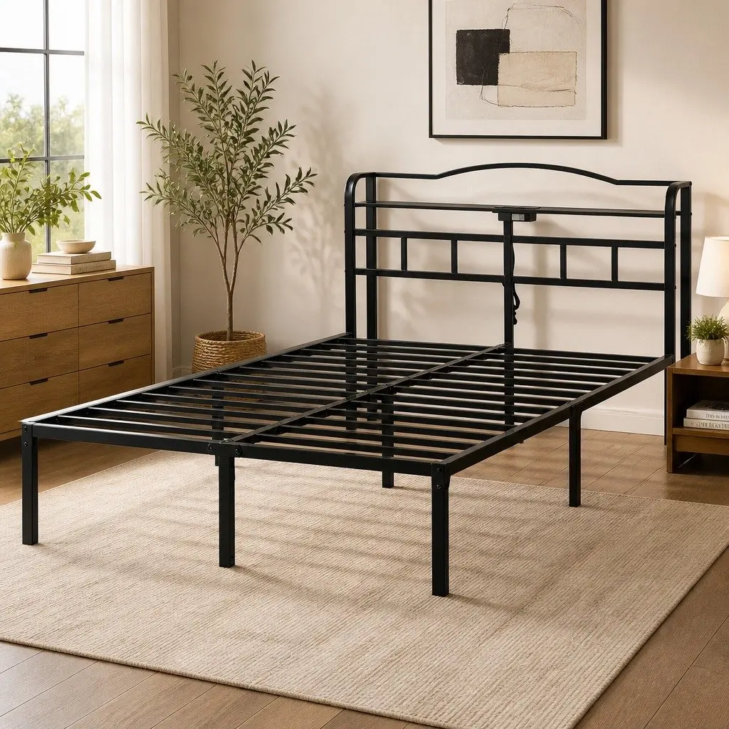 Queen Size Bed Frame with Integrated Charging Station AC Outlets USB Type-C