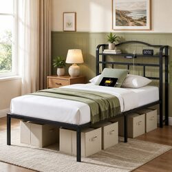 Black Single Bed Frame with Charging Station & Storage