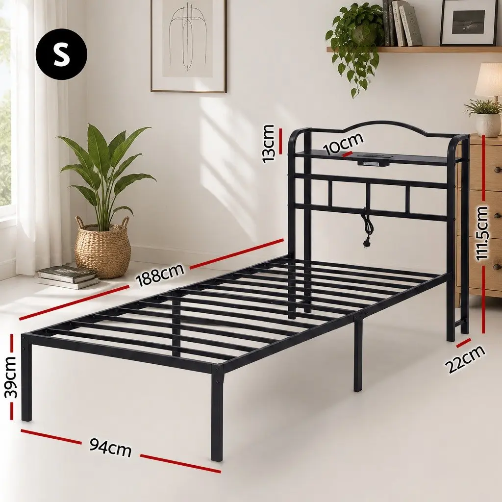 Single Bed Frame Black MDF Headboard Integrated Charging Station Metal 210cm x 94cm x 111.5cm