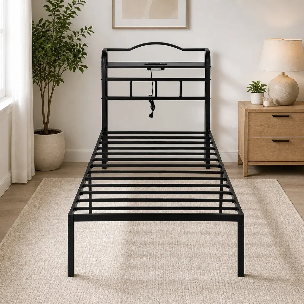 Single Bed Frame Black MDF Headboard Integrated Charging Station Metal 210cm x 94cm x 111.5cm
