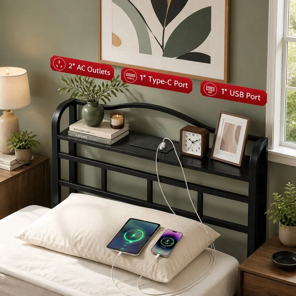 Single Bed Frame Black MDF Headboard Integrated Charging Station Metal 210cm x 94cm x 111.5cm