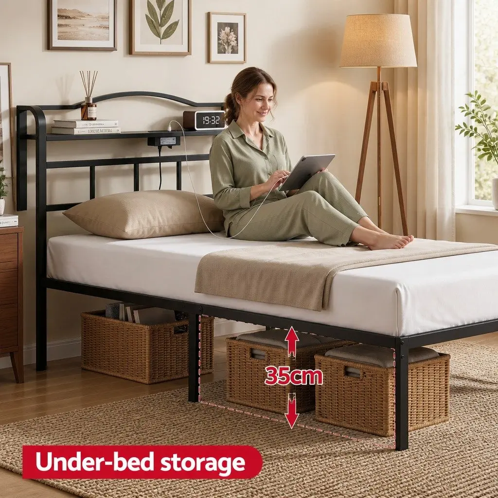 Single Bed Frame Black MDF Headboard Integrated Charging Station Metal 210cm x 94cm x 111.5cm