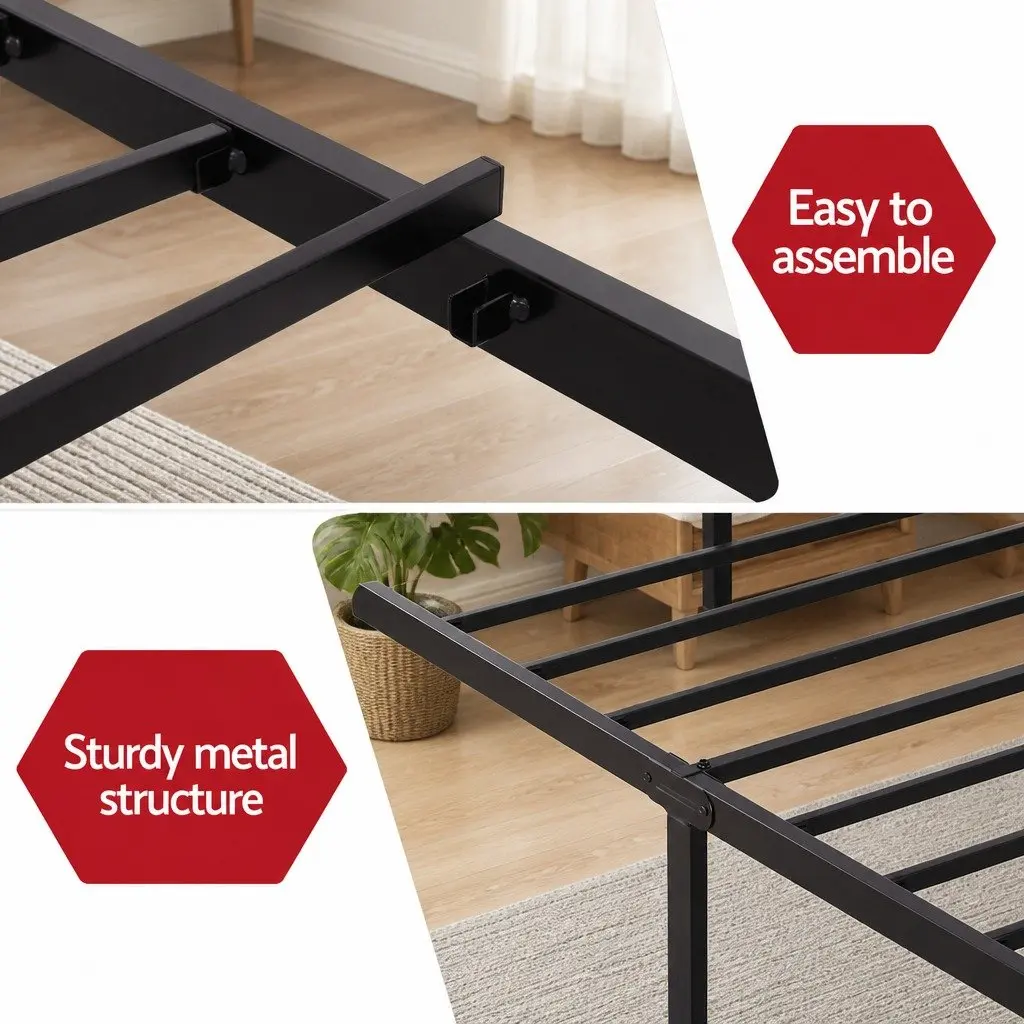 Single Bed Frame Black MDF Headboard Integrated Charging Station Metal 210cm x 94cm x 111.5cm