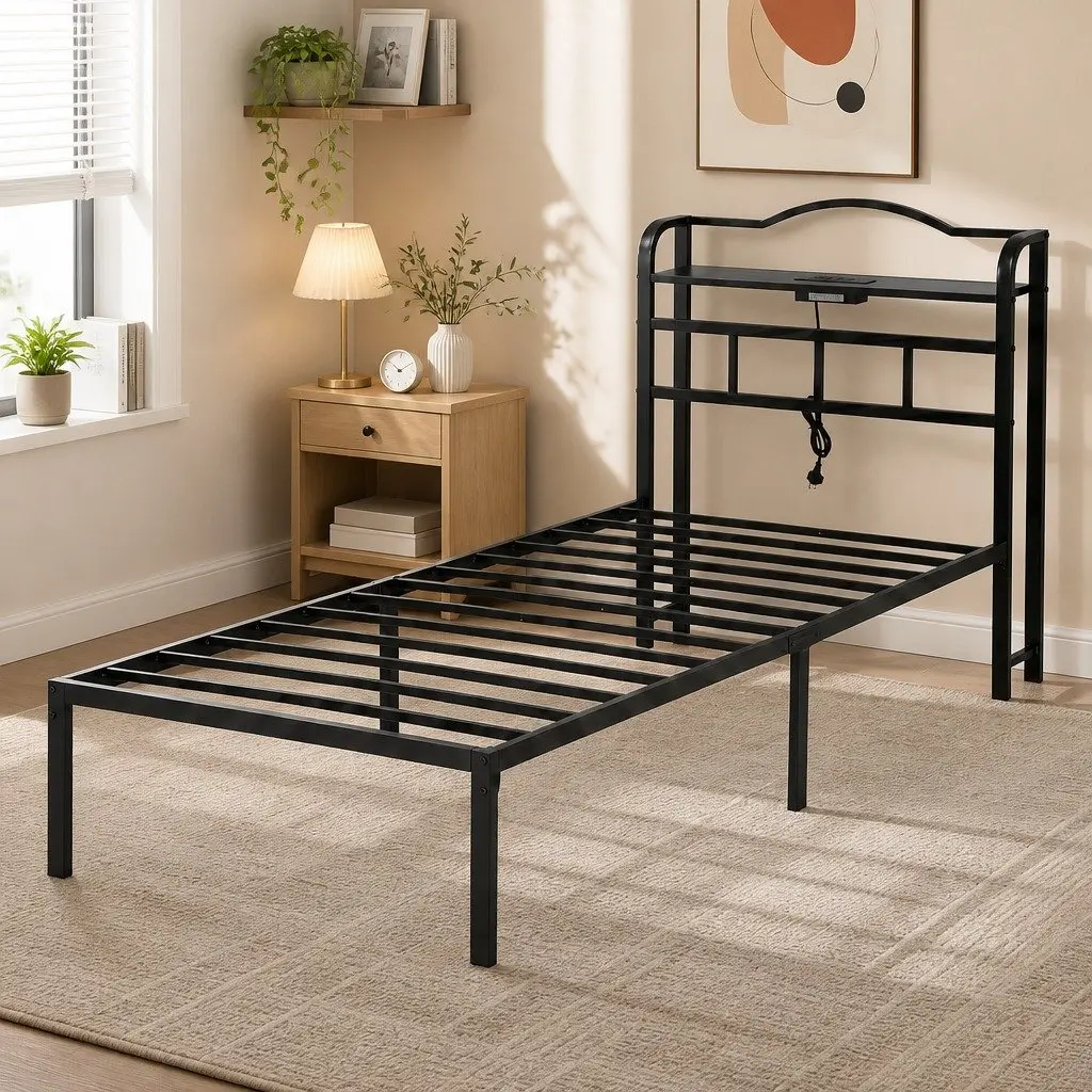 Single Bed Frame Black MDF Headboard Integrated Charging Station Metal 210cm x 94cm x 111.5cm