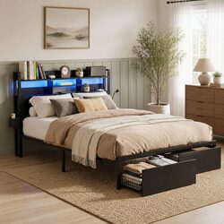 Double Metal Bed Frame with LED Lights and Storage