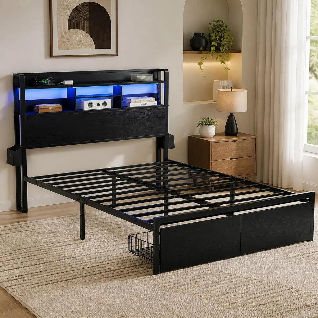 Double Bed Frame Industrial Metal Black with MDF Headboard LED Lights Storage Drawers Charging Station