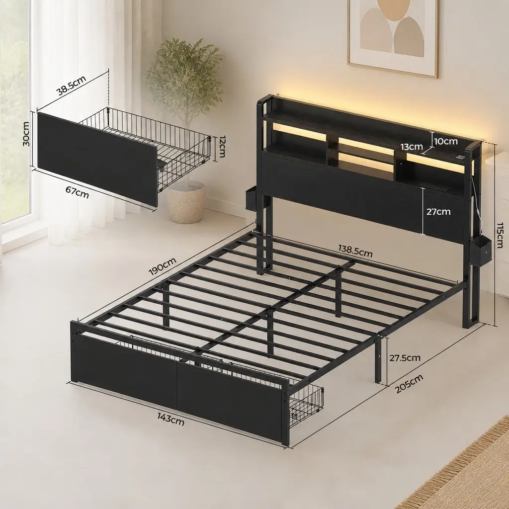 Double Bed Frame Industrial Metal Black with MDF Headboard LED Lights Storage Drawers Charging Station