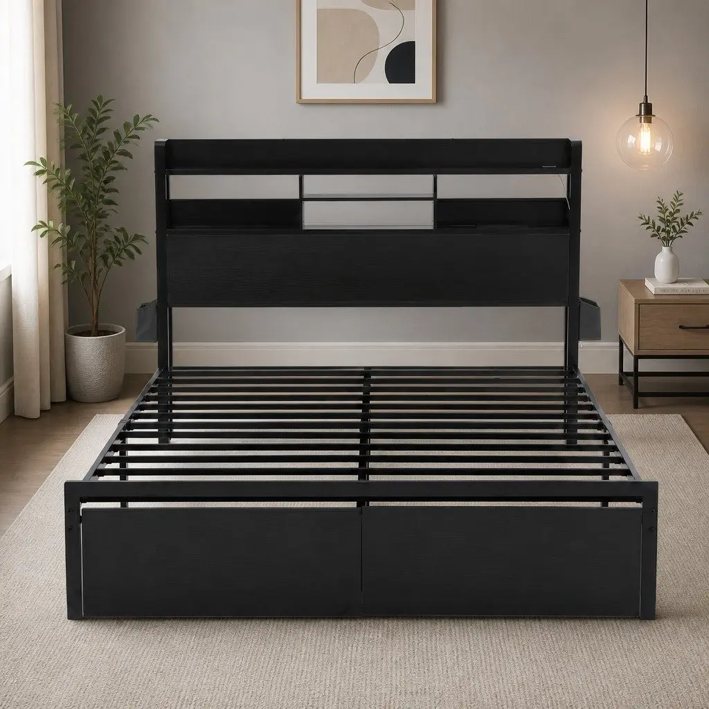 Double Bed Frame Industrial Metal Black with MDF Headboard LED Lights Storage Drawers Charging Station