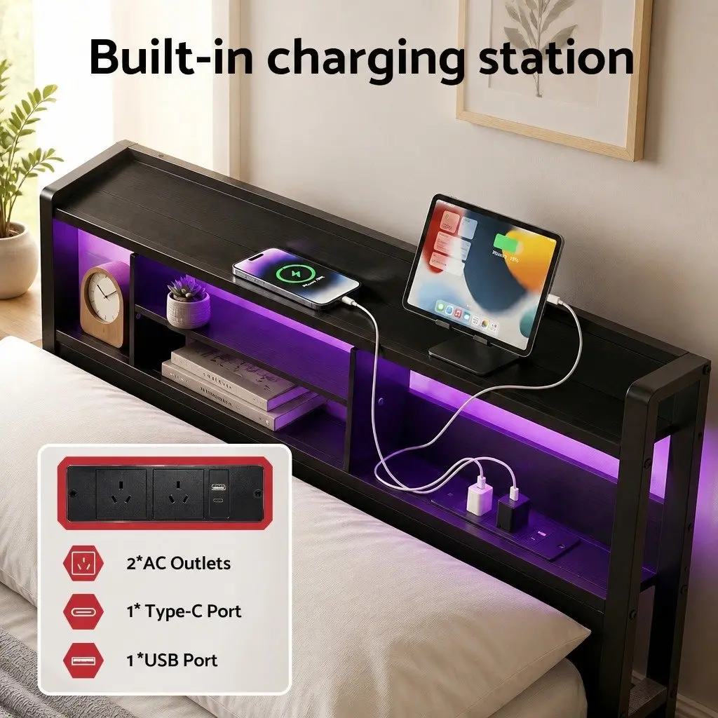 Double Bed Frame Industrial Metal Black with MDF Headboard LED Lights Storage Drawers Charging Station