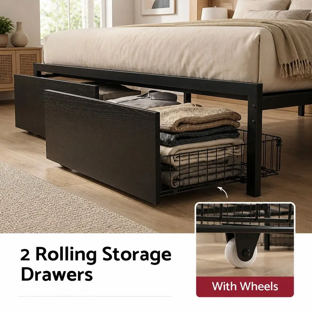 Double Bed Frame Industrial Metal Black with MDF Headboard LED Lights Storage Drawers Charging Station