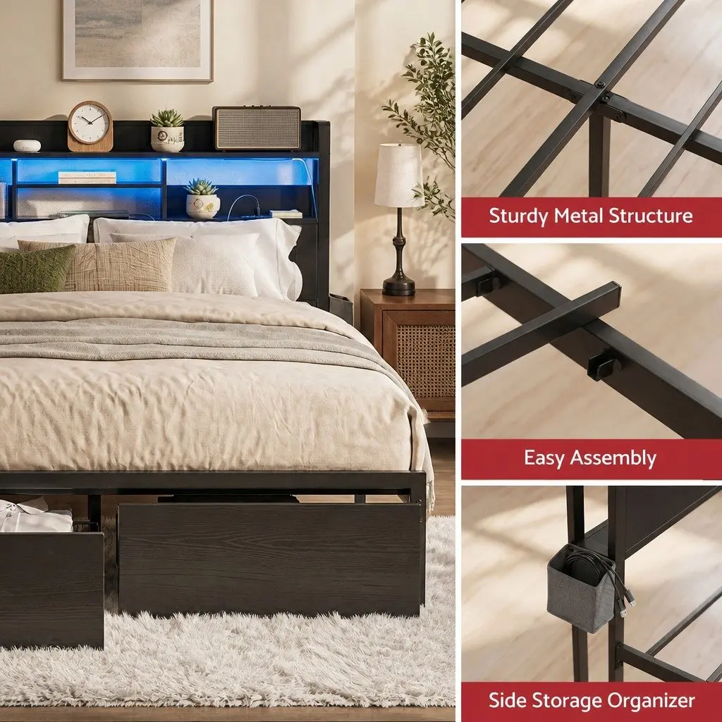 Double Bed Frame Industrial Metal Black with MDF Headboard LED Lights Storage Drawers Charging Station