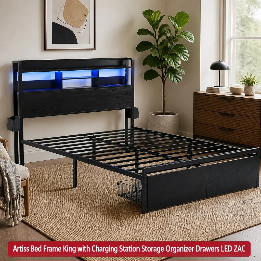 King Bed Frame Metal Base with Charging Station Storage Drawers LED Lights