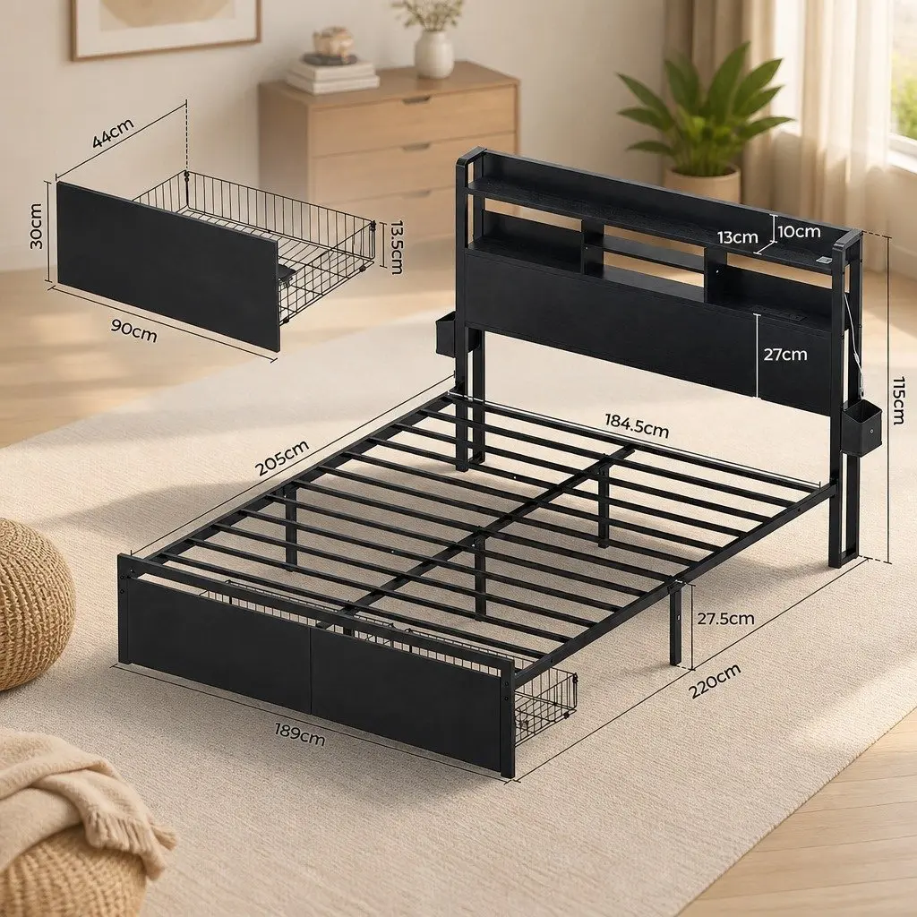 King Bed Frame Metal Base with Charging Station Storage Drawers LED Lights