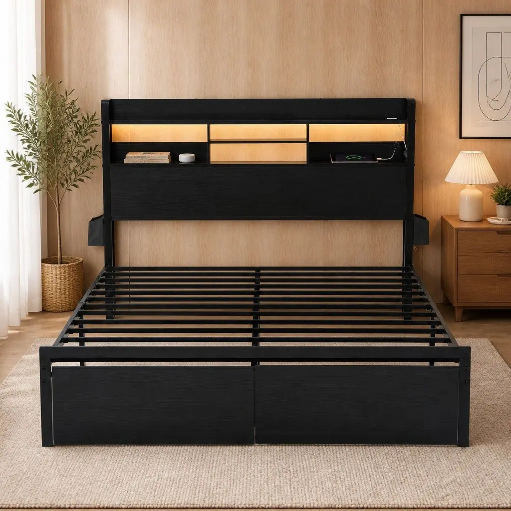 King Bed Frame Metal Base with Charging Station Storage Drawers LED Lights